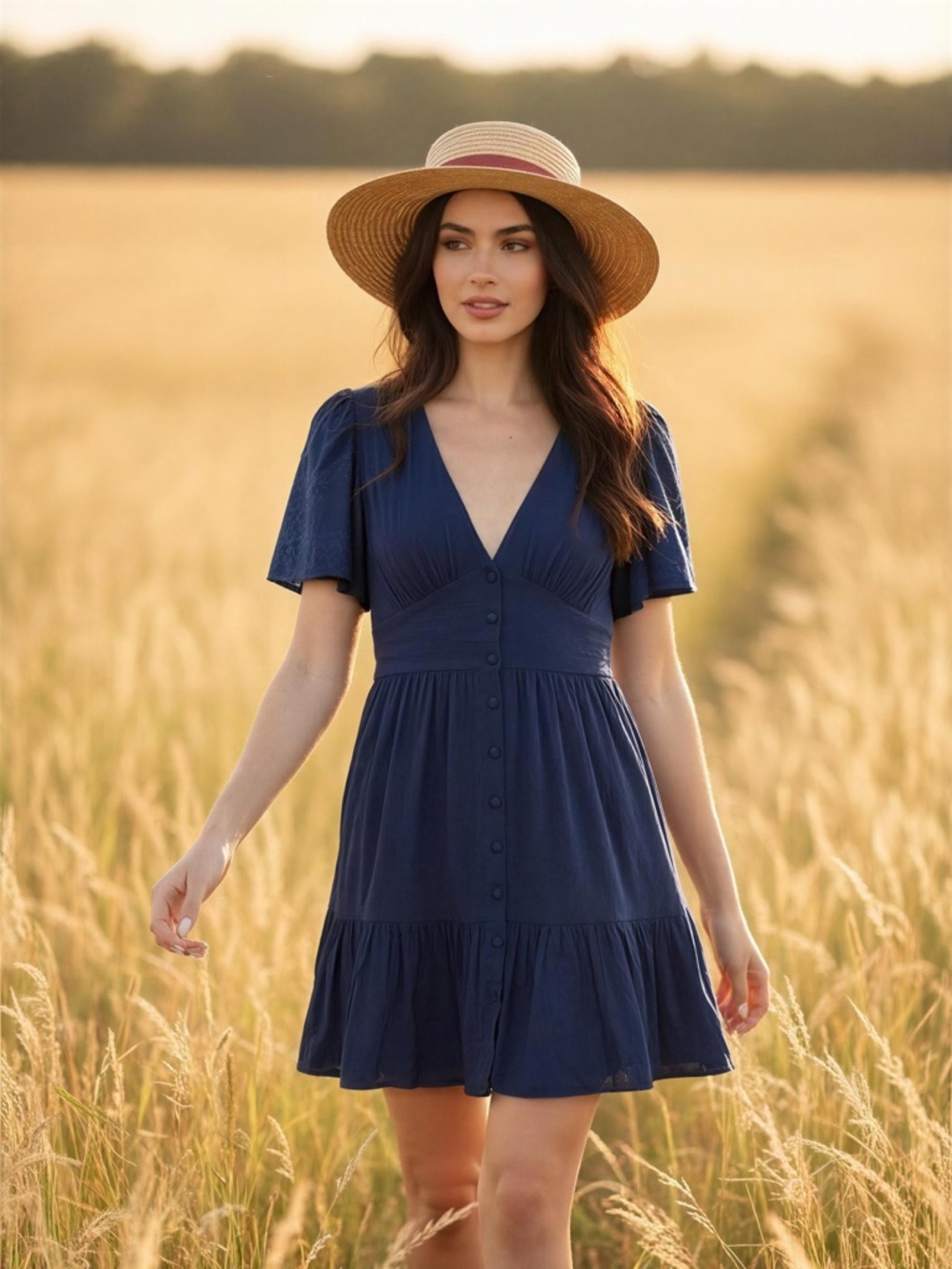 Blue Rain Navy Button-Front V-Neck Midi Dress Size S